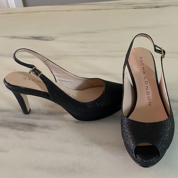 Black glitter open toe heels. - Picture 2 of 7